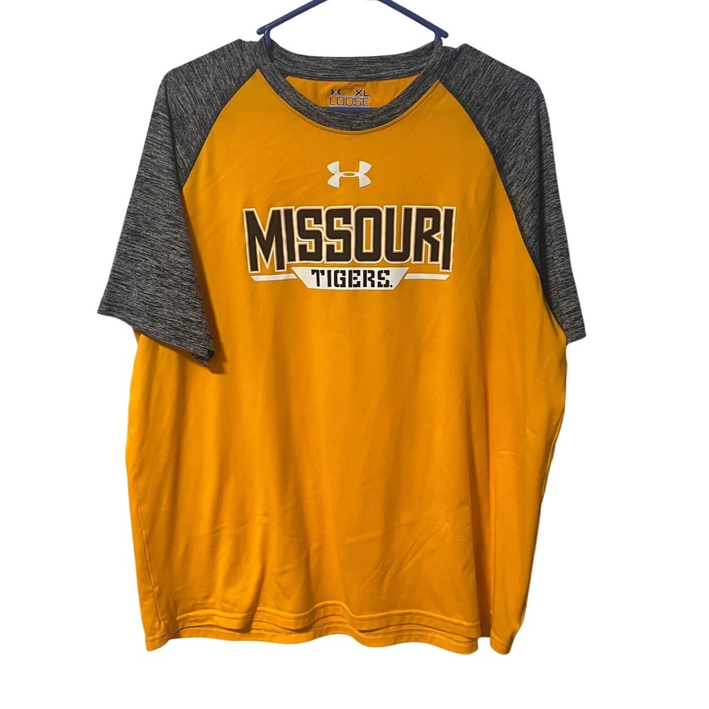Under Armour Mens XL Loose Heatgear Missouri Tigers Raglan T Shirt‎ Gold Grey